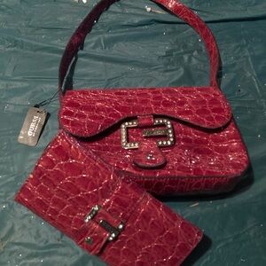 Guess Red Crocodile Embossed Handbag and Wallet Set